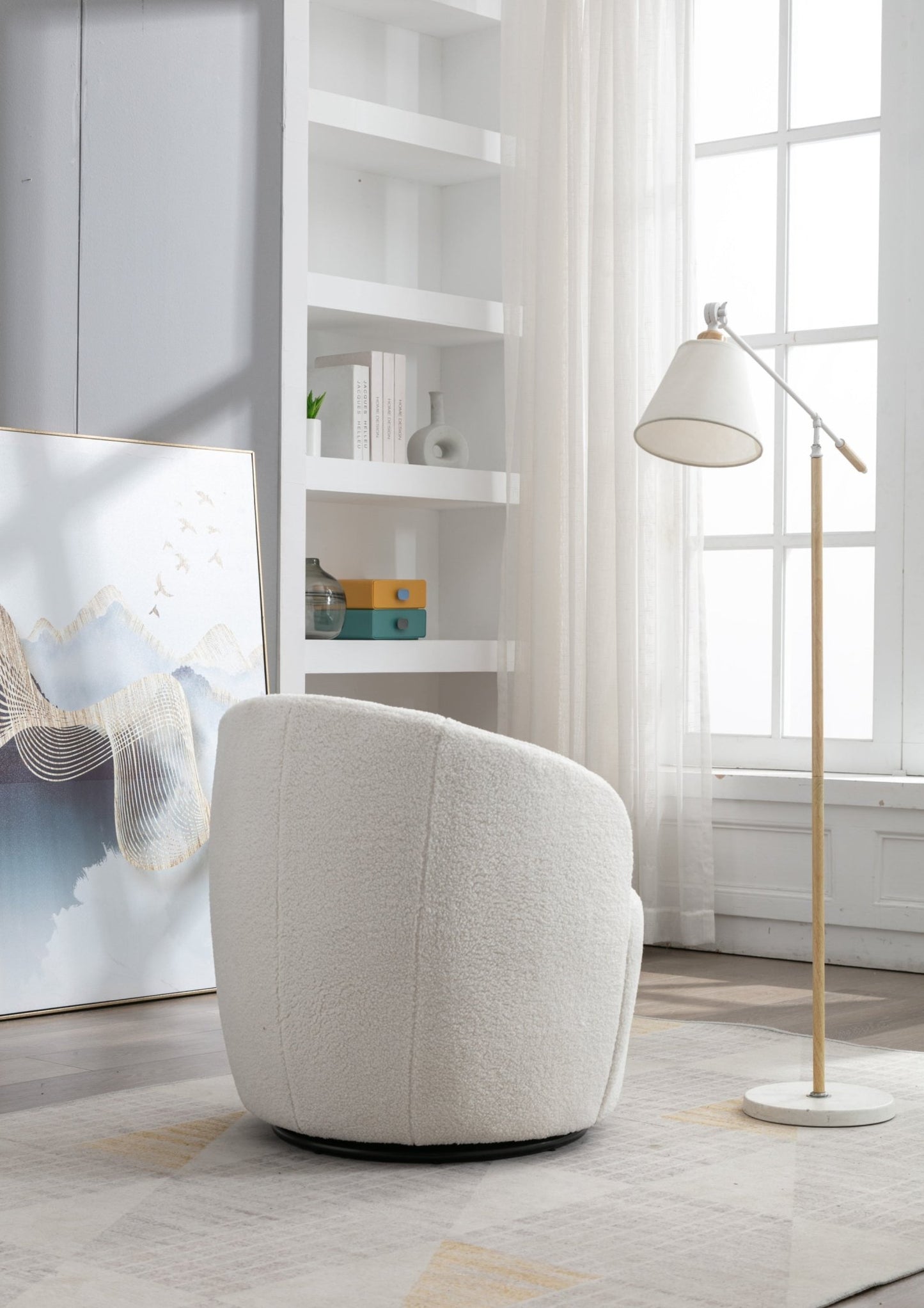 Teddy Fabric Swivel Accent Armchair Barrel Chair With Black Powder Coating Metal Ring,Ivory White - Usofuns