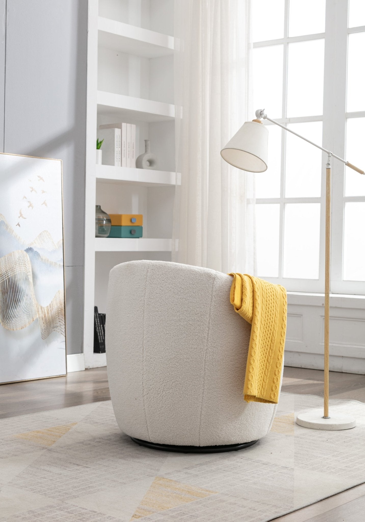 Teddy Fabric Swivel Accent Armchair Barrel Chair With Black Powder Coating Metal Ring,Ivory White - Usofuns