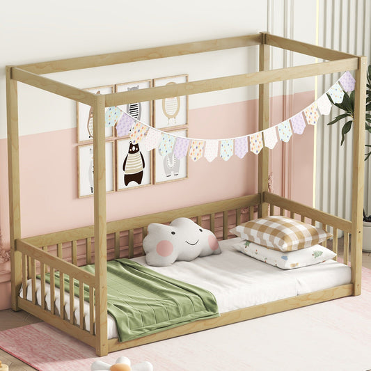 Twin Size Canopy Frame Floor Bed with Fence, Guardrails,Natural - Usofuns