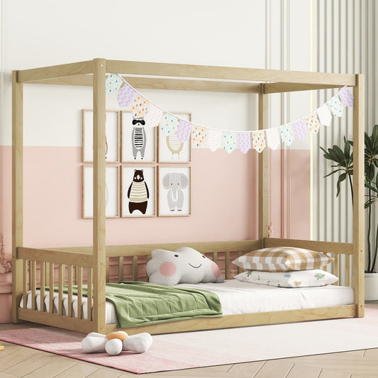 Twin Size Canopy Frame Floor Bed with Fence, Guardrails,Natural - Usofuns