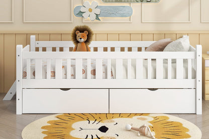 Wood Twin Size Platform Bed with Guardrail and 2 Drawers, White - Usofuns