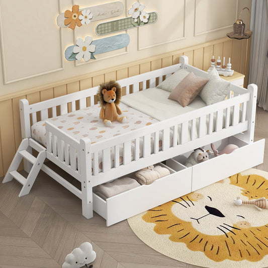 Wood Twin Size Platform Bed with Guardrail and 2 Drawers, White - Usofuns