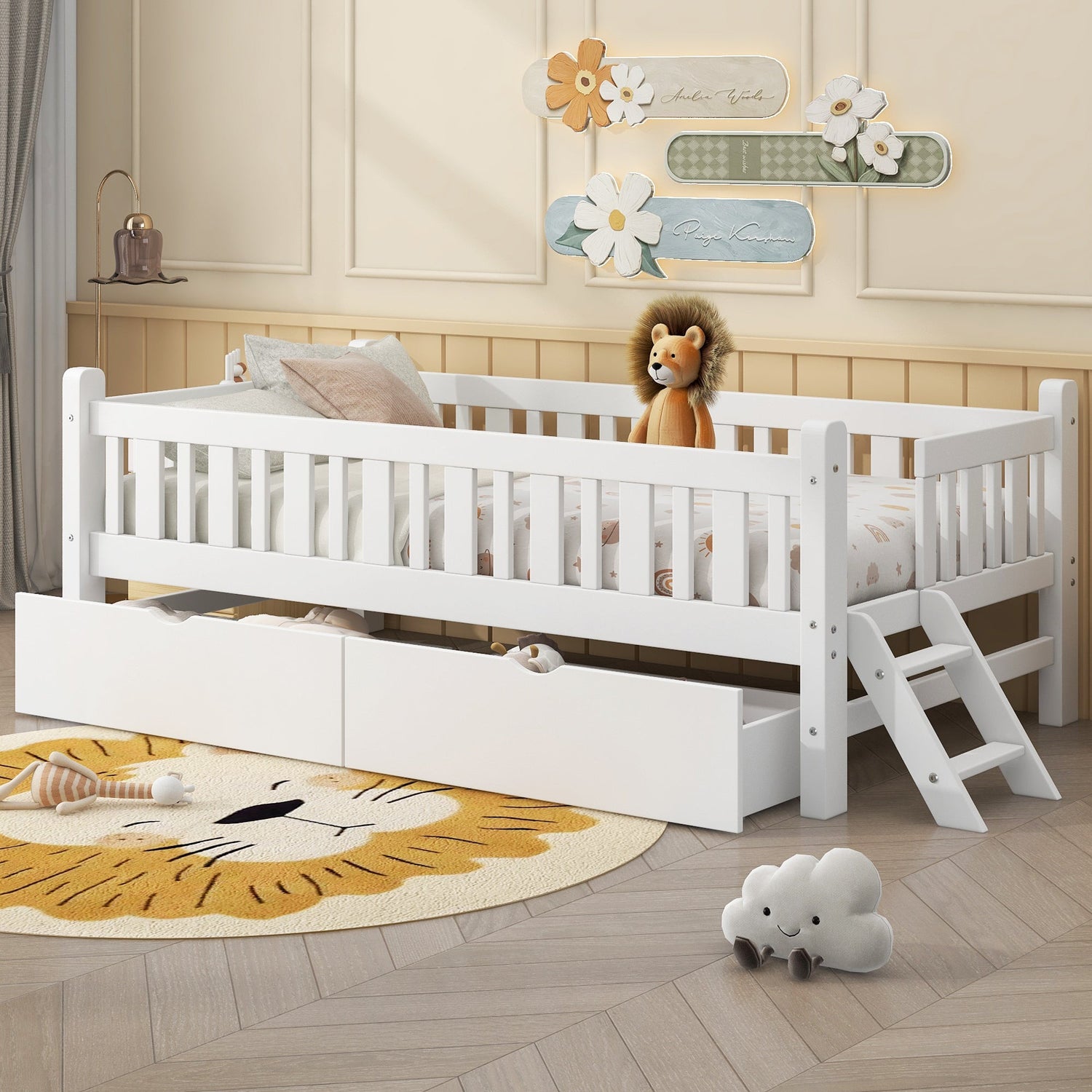 Wood Twin Size Platform Bed with Guardrail and 2 Drawers, White - Usofuns
