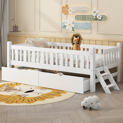 Wood Twin Size Platform Bed with Guardrail and 2 Drawers, White - Usofuns