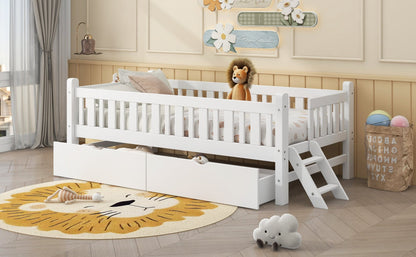 Wood Twin Size Platform Bed with Guardrail and 2 Drawers, White - Usofuns